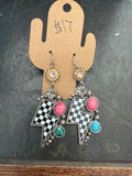 Lightening bolt checkered bullet earrings - pink crystal
