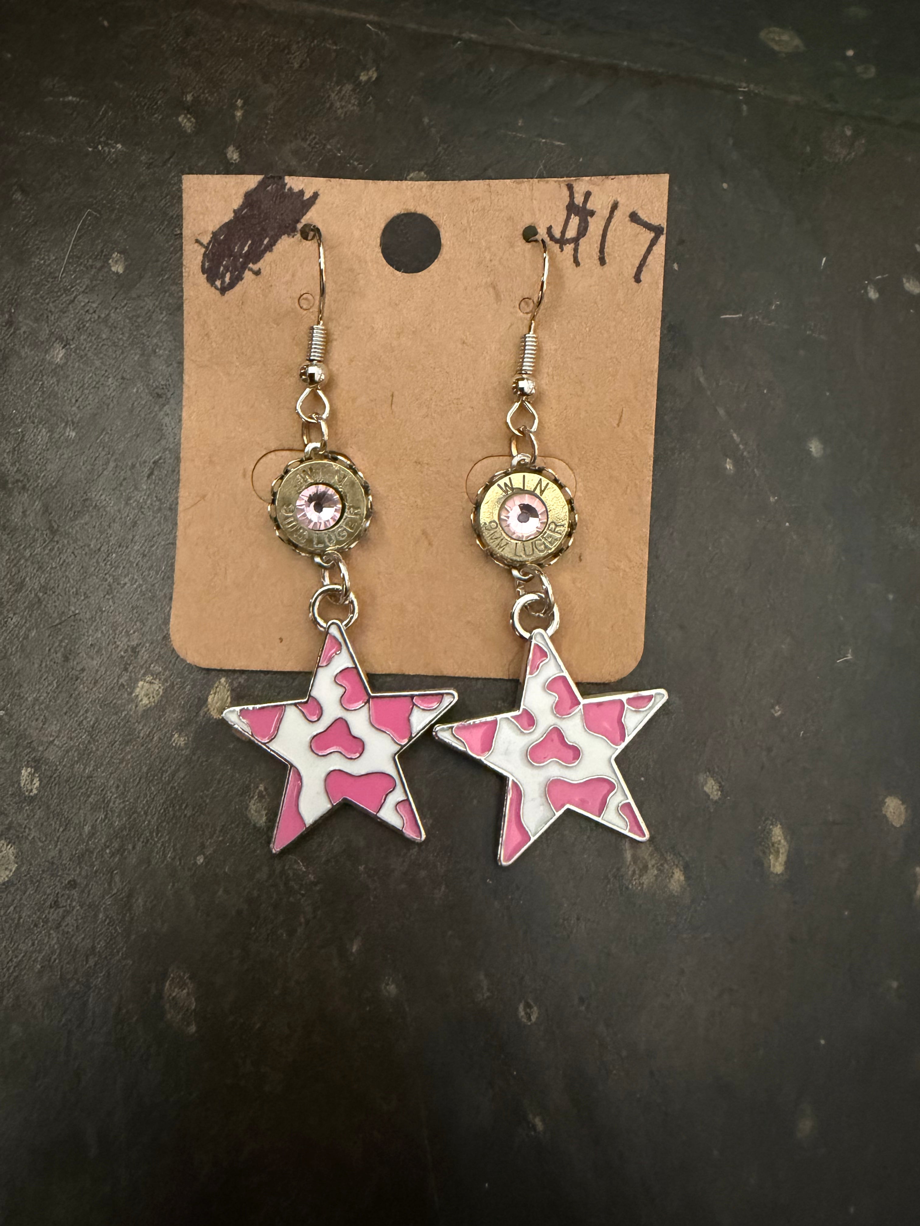 Pink cow print star earrings