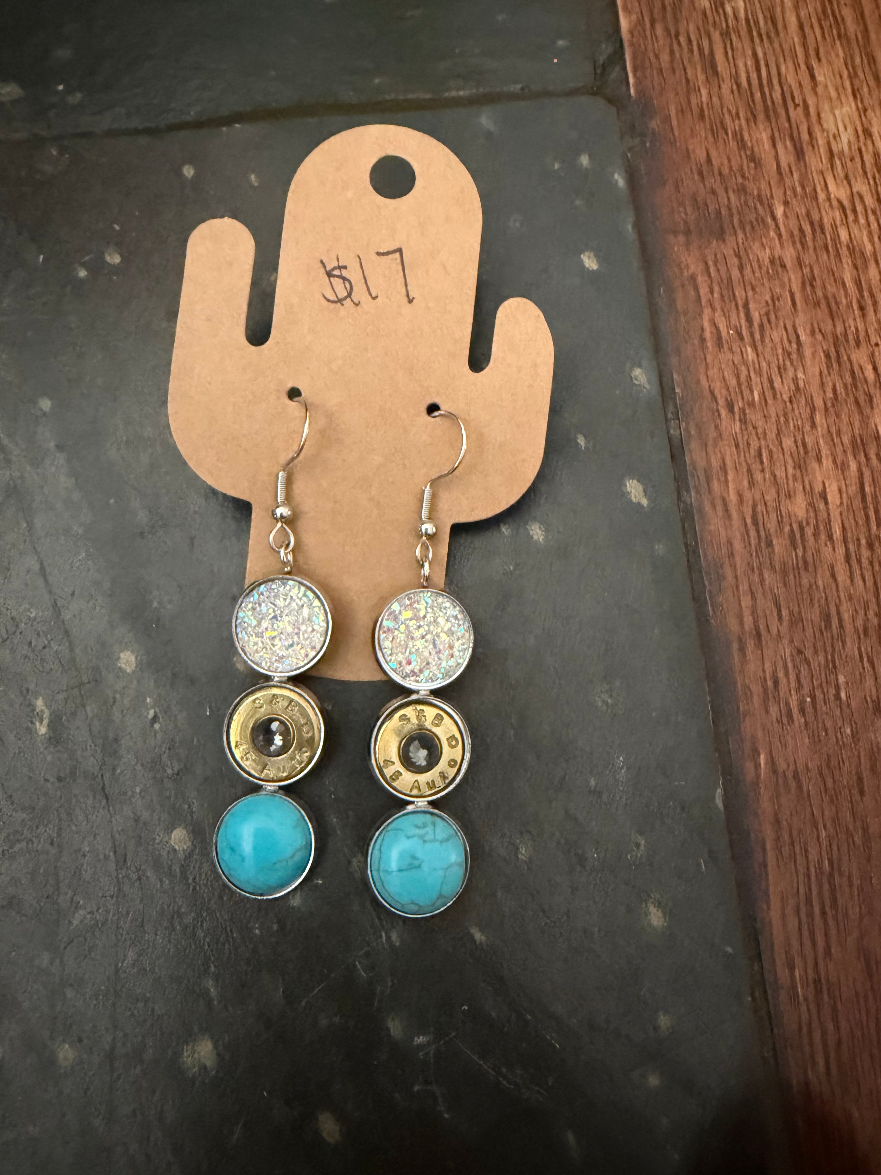 White and turquoise three drop earrings