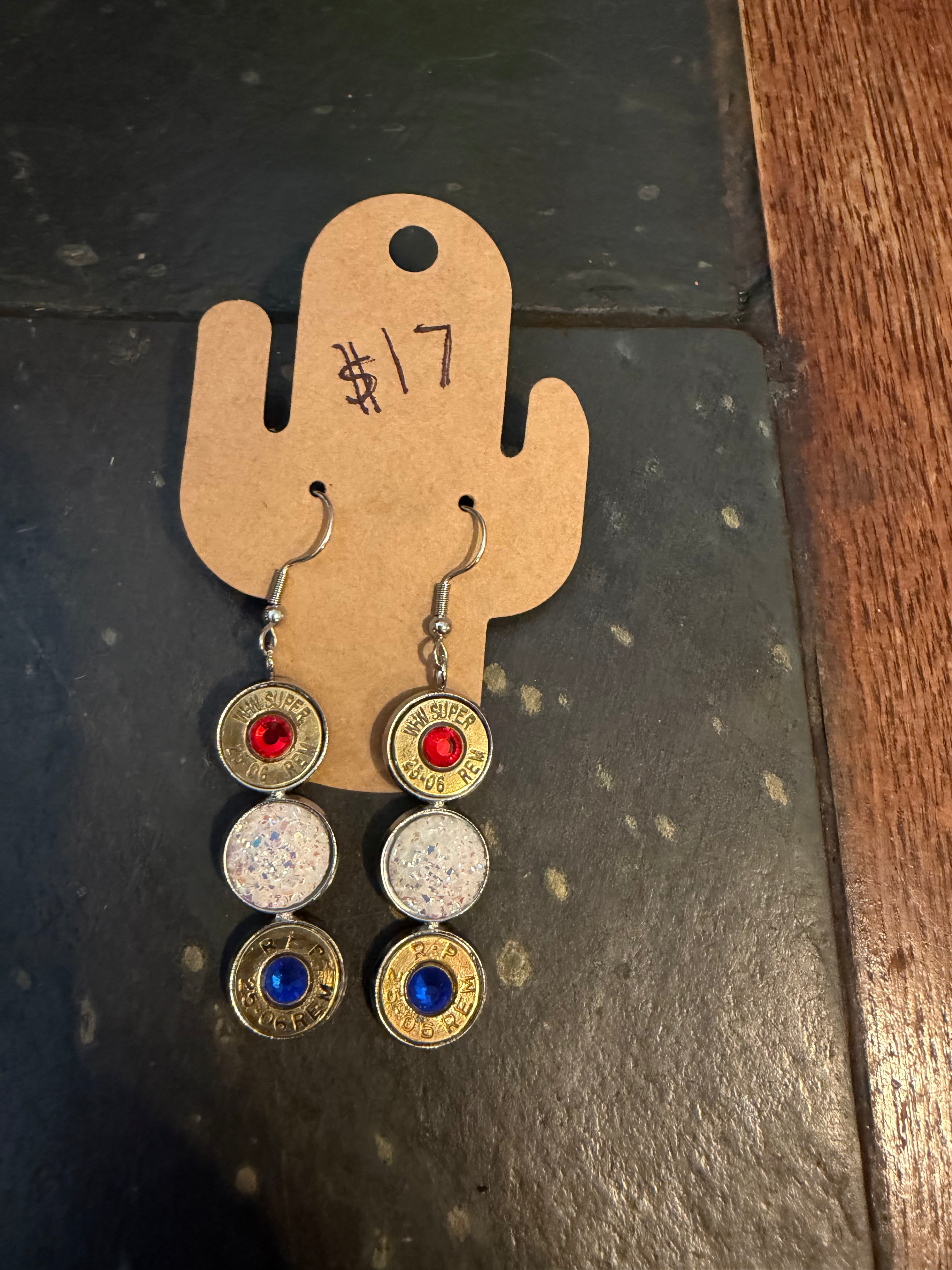 Red white and blue bullet three drop earrings