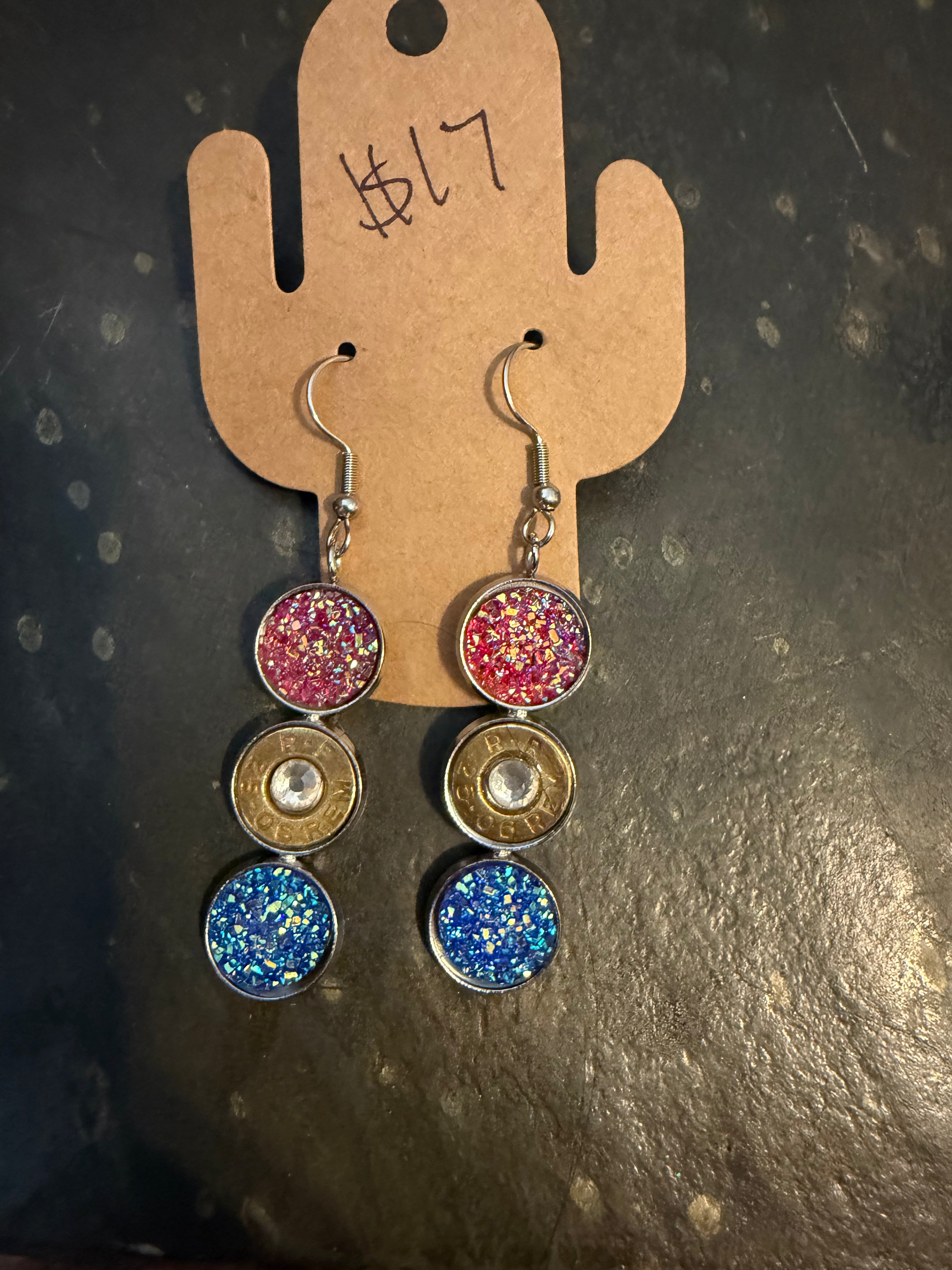 Red white and blue three drop bullet earrings