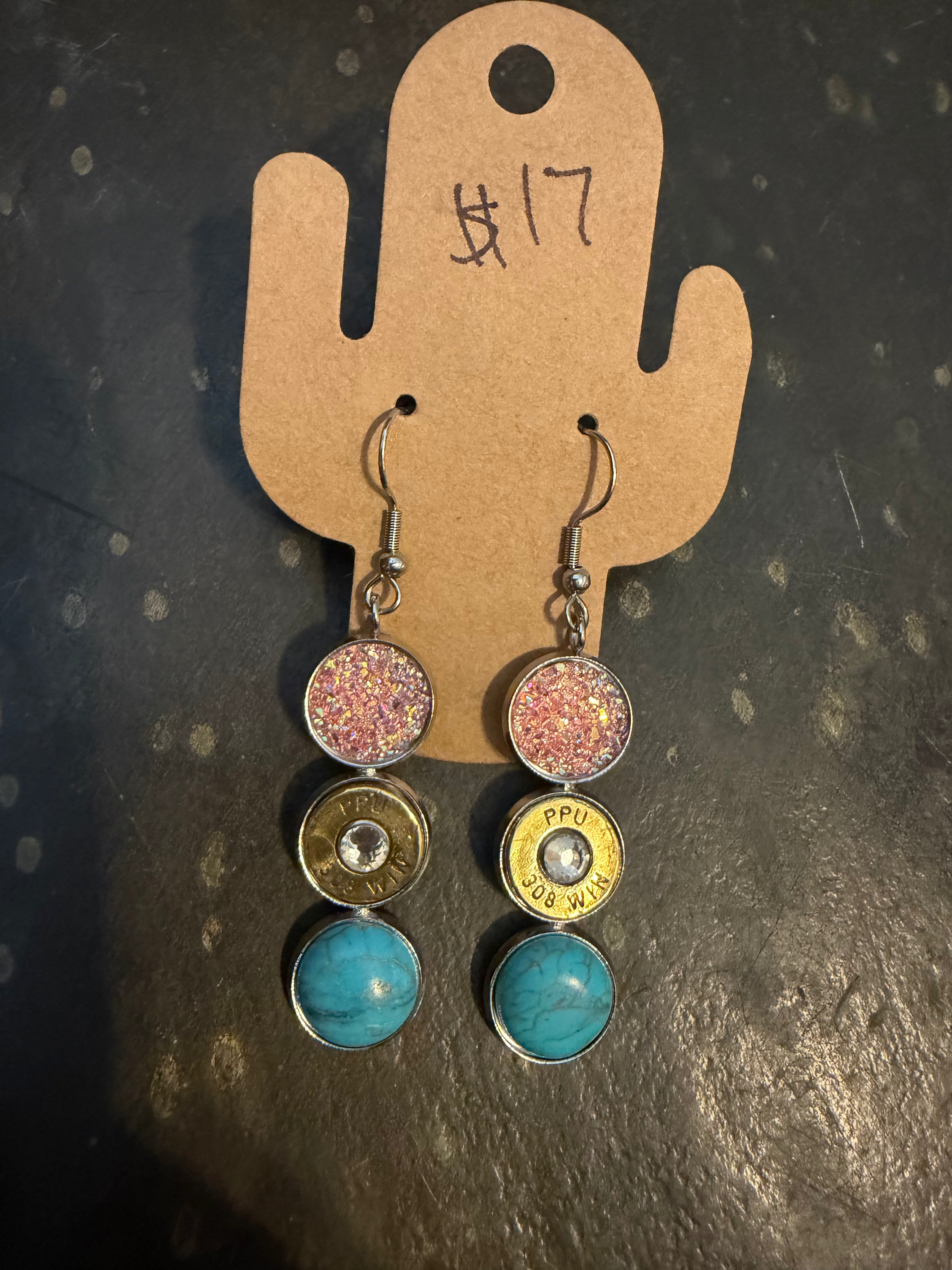 Three drop light, pink and turquoise with bullet earrings