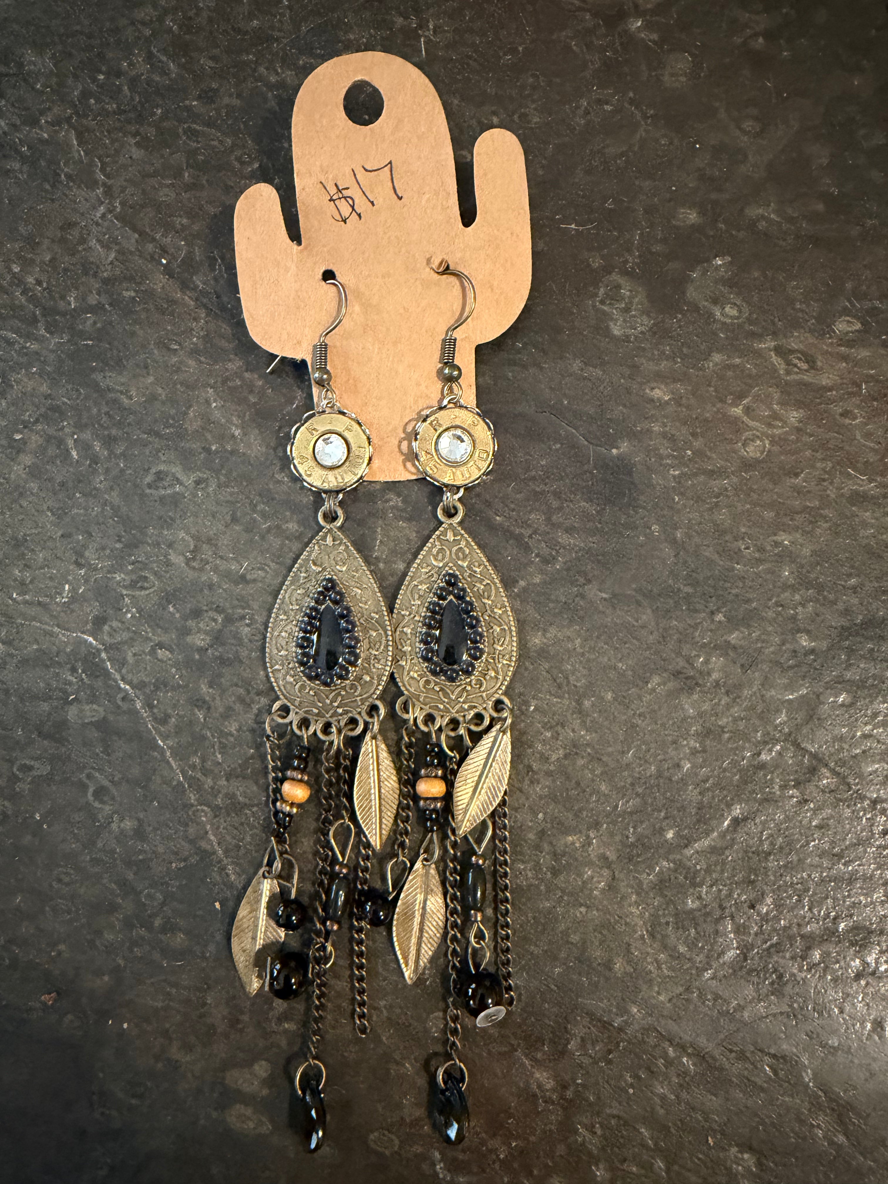 Brass boho black tear drop earrings