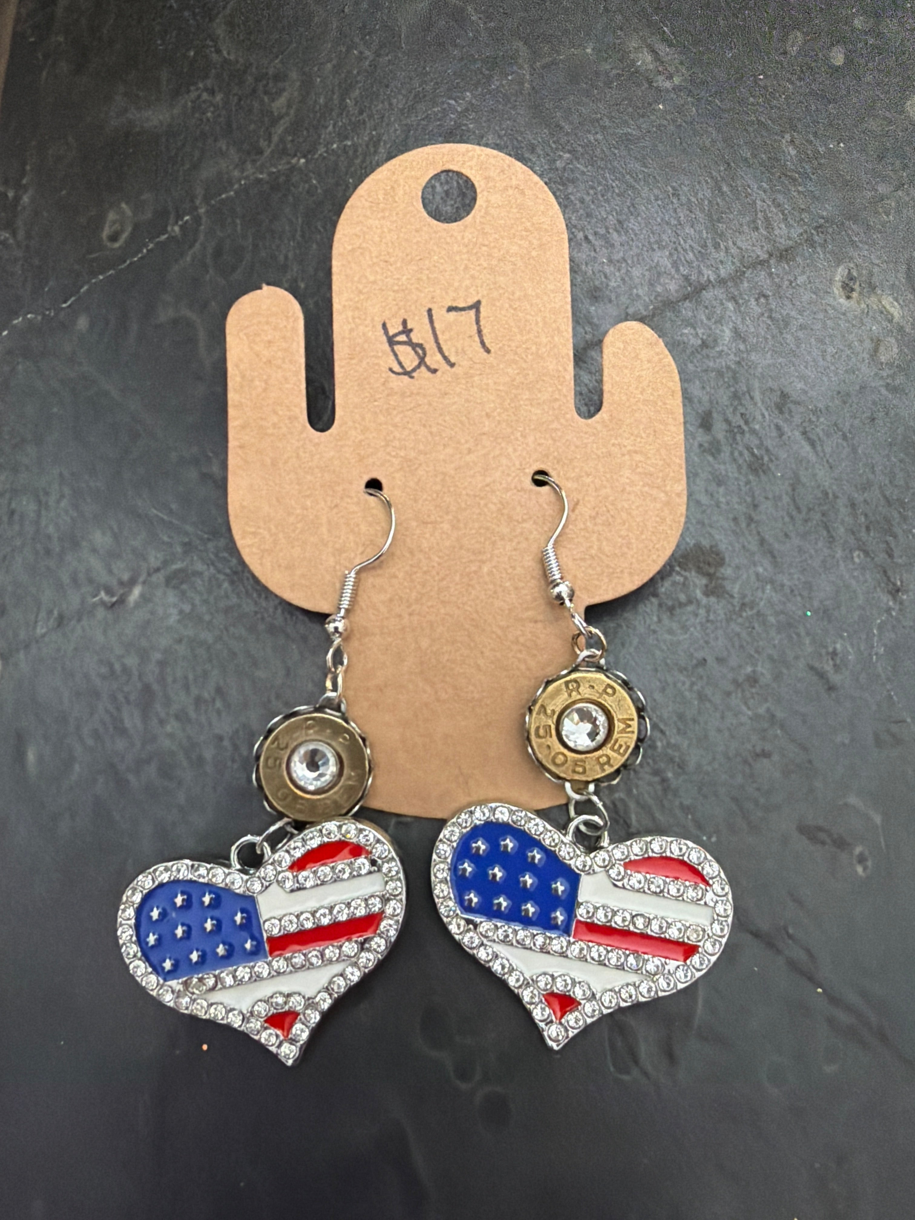 Crystal wrapped Red White and Blue Heart Earrings