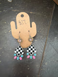 Checkered Spade Bullet Earrings with Pink and Teal Accents